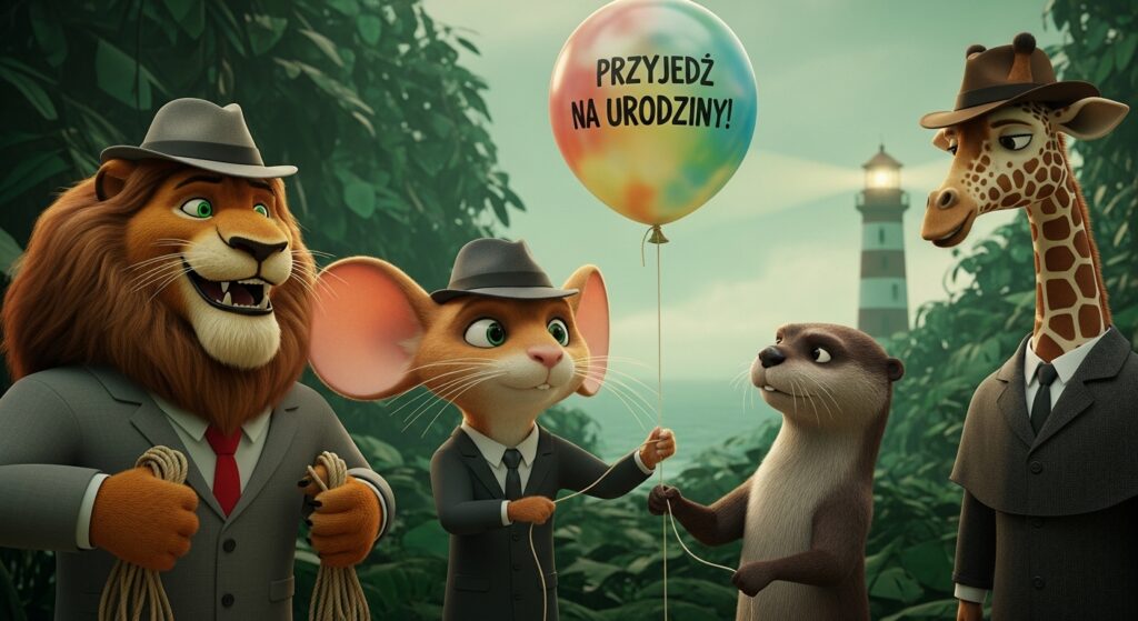 Zwierzęta Detektywi wraz z Wydrą wypuszczają balon z napisem Przyjdź na Urodziny